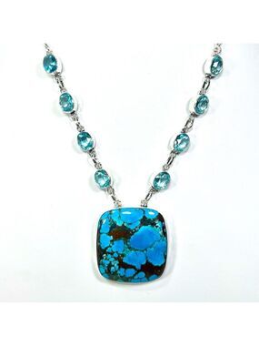 Turquoise Blue Topaz 925 Large Stone Gemstone Necklace